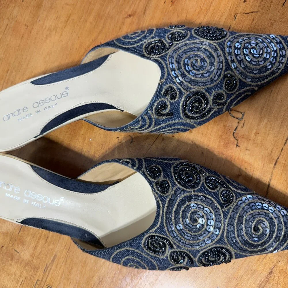 Andre Assous Denim Mules with Beading Womens's sz 9 Made in Italy - Picture 2 of 7